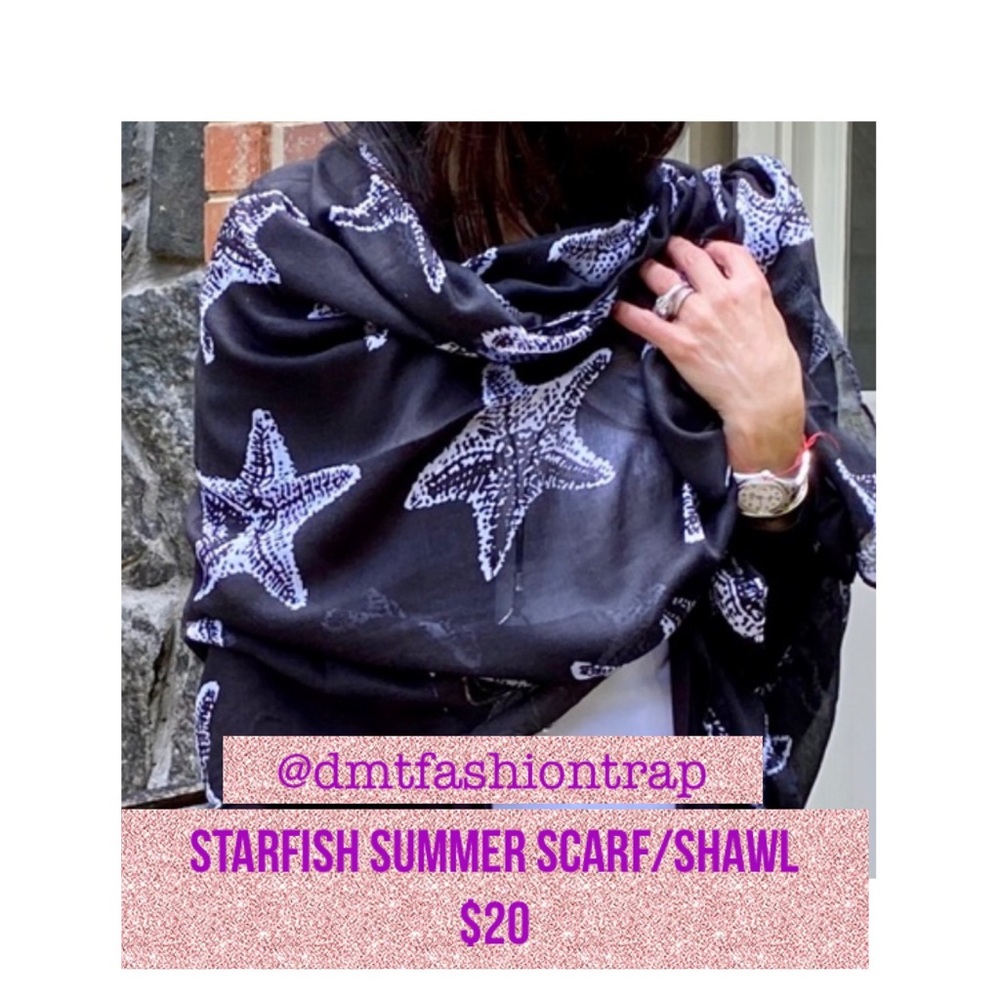 Starfish summer Scarf/ Shawl/ headband. Black. MUSTHAVE neck accessory!